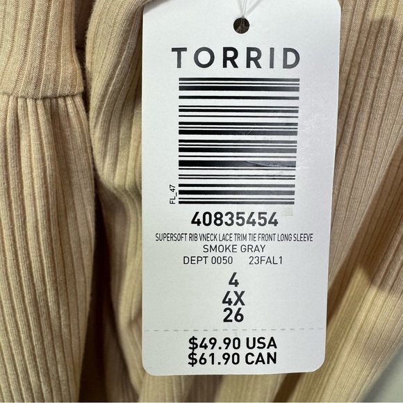 Torrid Super Soft Rib V-Neck Lace Trim Tie Front Long Sleeve Top Size 4x NWT - Picture 6 of 8